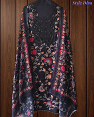Cotton Printed Unstitched Suit with Neck Embroidery and Mul Cotton Printed Dupatta