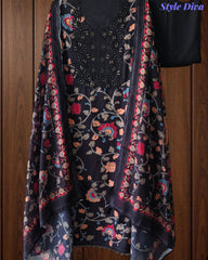 Cotton Printed Unstitched Suit with Neck Embroidery and Mul Cotton Printed Dupatta