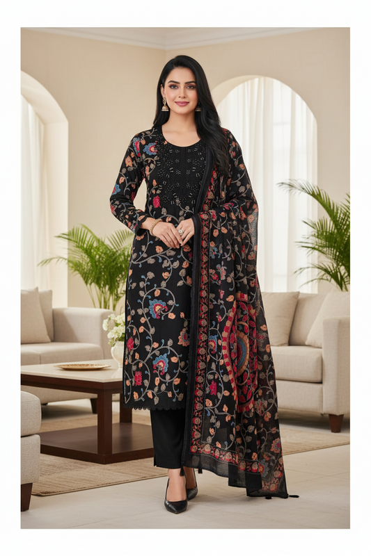 Cotton Printed Unstitched Suit with Neck Embroidery and Mul Cotton Printed Dupatta