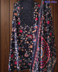 Cotton Printed Unstitched Suit with Neck Embroidery and Mul Cotton Printed Dupatta