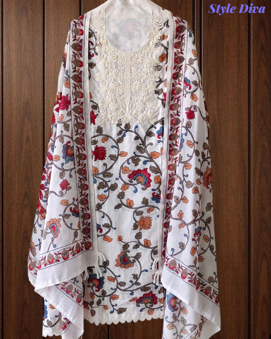 Cotton Printed Unstitched Suit with Neck Embroidery and Mul Cotton Printed Dupatta