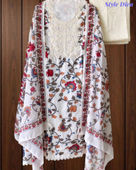 Cotton Printed Unstitched Suit with Neck Embroidery and Mul Cotton Printed Dupatta