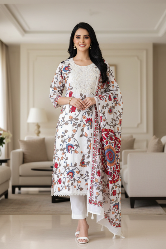 Cotton Printed Unstitched Suit with Neck Embroidery and Mul Cotton Printed Dupatta