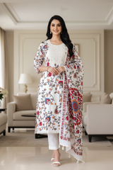 Cotton Printed Unstitched Suit with Neck Embroidery and Mul Cotton Printed Dupatta