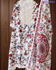 Cotton Printed Unstitched Suit with Neck Embroidery and Mul Cotton Printed Dupatta