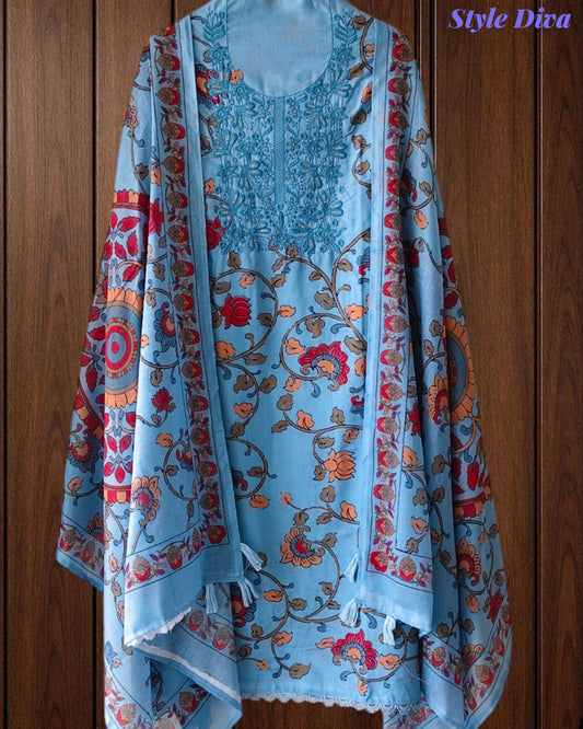 Cotton Printed Unstitched Suit with Neck Embroidery and Mul Cotton Printed Dupatta