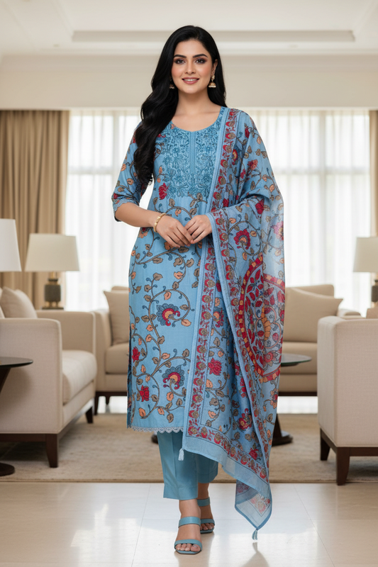 Cotton Printed Unstitched Suit with Neck Embroidery and Mul Cotton Printed Dupatta