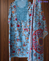 Cotton Printed Unstitched Suit with Neck Embroidery and Mul Cotton Printed Dupatta