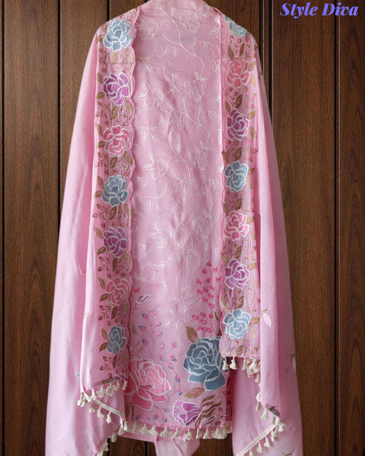 Mul Cotton Parsi Embroidered Unstitched Suit with Scalloped Embroidered Dupatta (3 Pc Set)