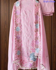 Mul Cotton Parsi Embroidered Unstitched Suit with Scalloped Embroidered Dupatta (3 Pc Set)