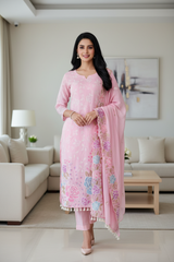 Mul Cotton Parsi Embroidered Unstitched Suit with Scalloped Embroidered Dupatta (3 Pc Set)