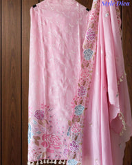 Mul Cotton Parsi Embroidered Unstitched Suit with Scalloped Embroidered Dupatta (3 Pc Set)