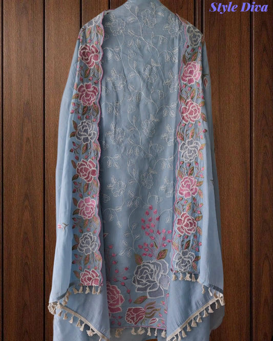 Mul Cotton Parsi Embroidered Unstitched Suit with Scalloped Embroidered Dupatta (3 Pc Set)
