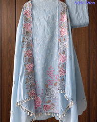 Mul Cotton Parsi Embroidered Unstitched Suit with Scalloped Embroidered Dupatta (3 Pc Set)