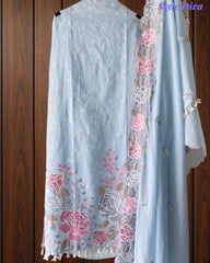 Mul Cotton Parsi Embroidered Unstitched Suit with Scalloped Embroidered Dupatta (3 Pc Set)