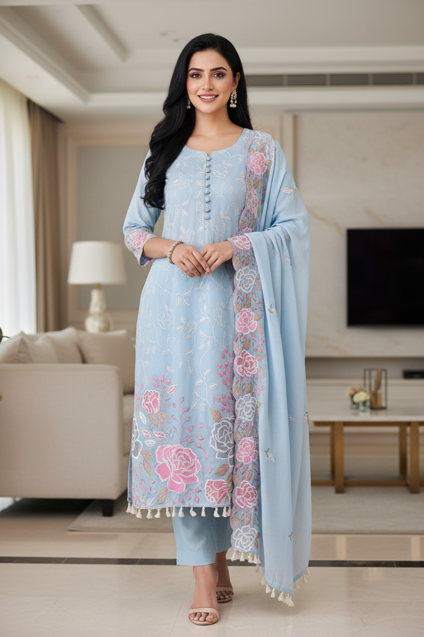 Mul Cotton Parsi Embroidered Unstitched Suit with Scalloped Embroidered Dupatta (3 Pc Set)