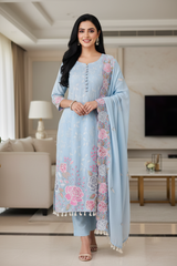 Mul Cotton Parsi Embroidered Unstitched Suit with Scalloped Embroidered Dupatta (3 Pc Set)