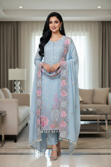 Mul Cotton Parsi Embroidered Unstitched Suit with Scalloped Embroidered Dupatta (3 Pc Set)