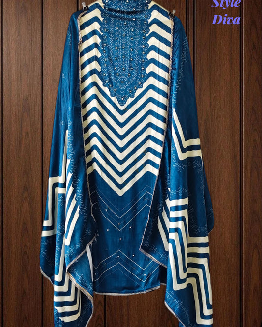 Gajji Silk Digital Print Unstitched Suit with Faux Mirror Highlights & Printed Dupatta