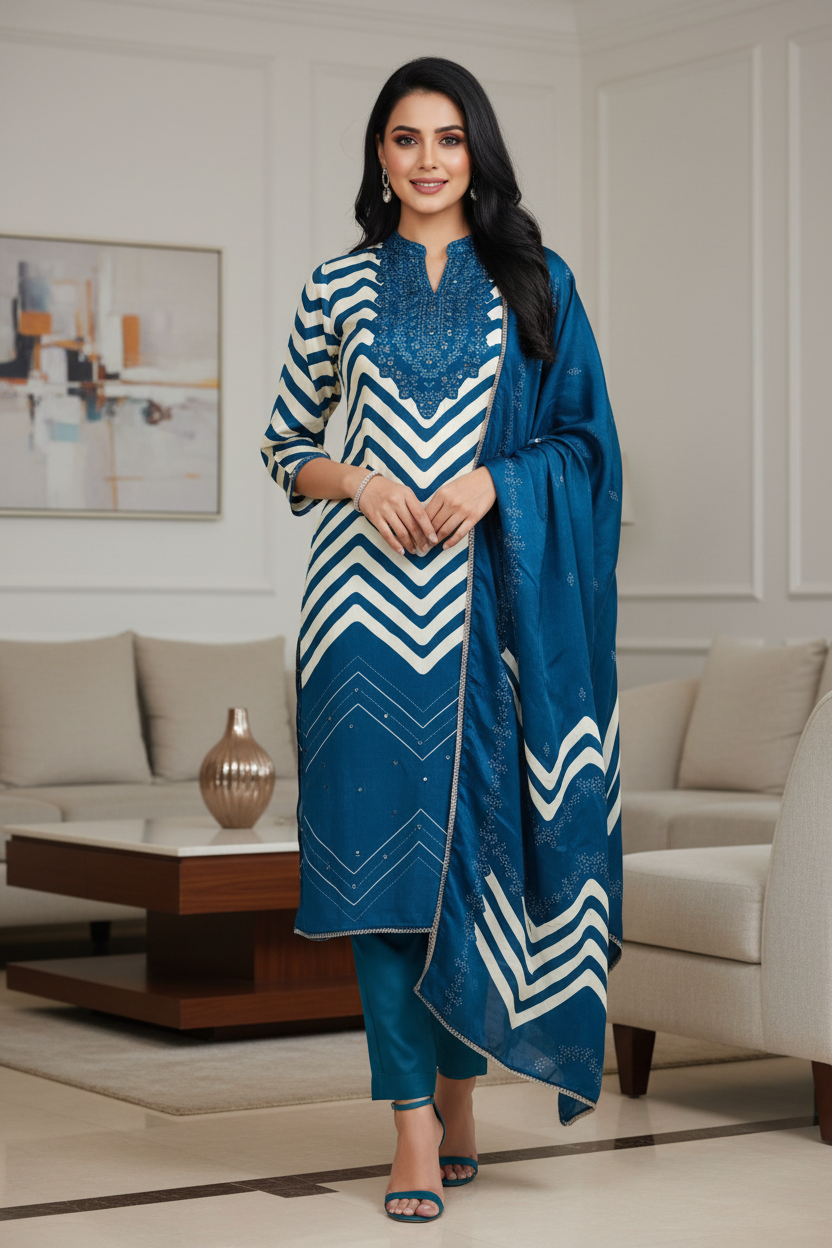 Gajji Silk Digital Print Unstitched Suit with Faux Mirror Highlights & Printed Dupatta
