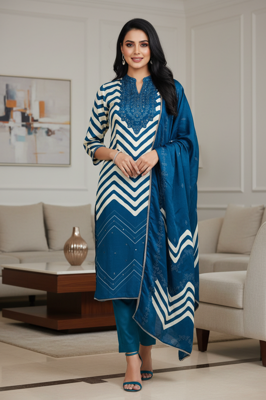 Gajji Silk Digital Print Unstitched Suit with Faux Mirror Highlights & Printed Dupatta