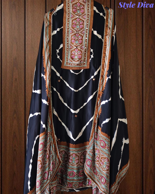Premium Edit-Gajji Silk Digital Print Unstitched Suit with Real Mirror Work & Printed Dupatta