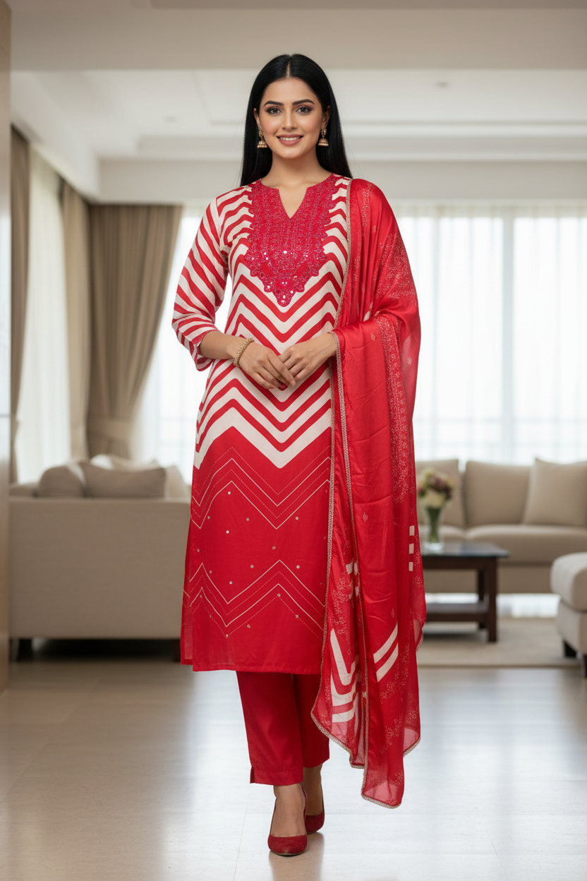 Gajji Silk Digital Print Unstitched Suit with Faux Mirror Highlights & Printed Dupatta