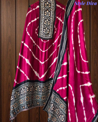 Premium Edit-Gajji Silk Digital Print Unstitched Suit with Real Mirror Work & Printed Dupatta