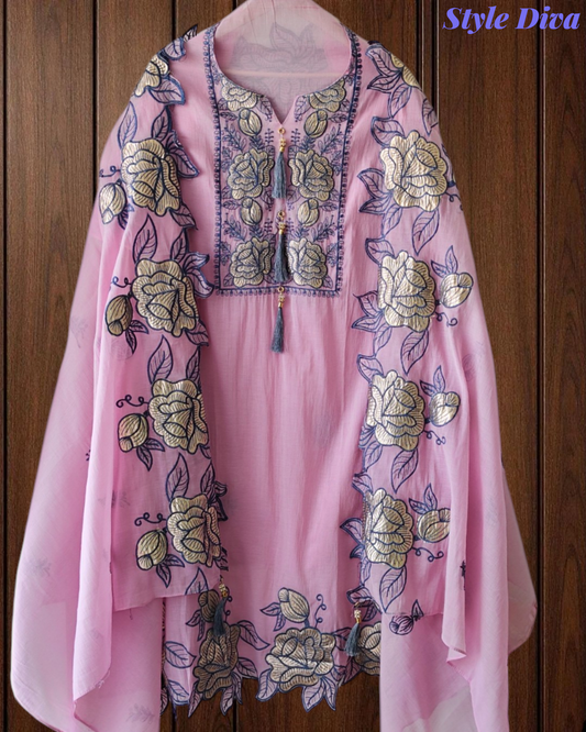 Mul Cotton Gotta Work & Scalloped Embroidery Un-Stitched Suit with Scalloped Dupatta
