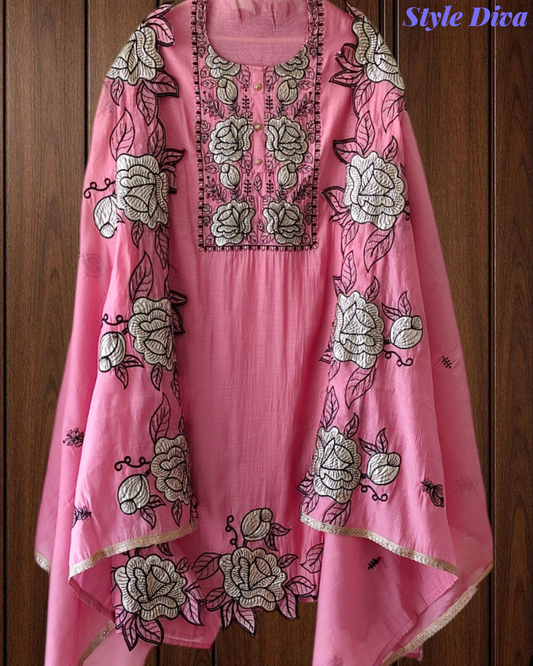 Mul Cotton Gotta Work & Scalloped Embroidery Un-Stitched Suit with Scalloped Dupatta