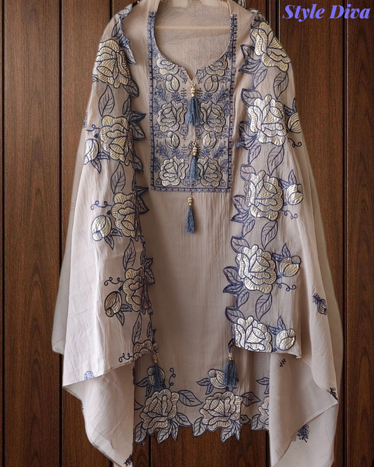 Mul Cotton Gotta Work & Scalloped Embroidery Un-Stitched Suit with Scalloped Dupatta