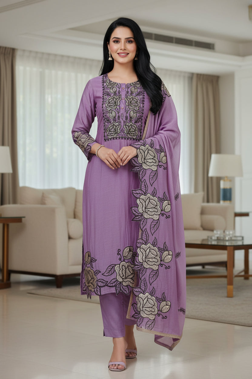 Mul Cotton Gotta Work & Scalloped Embroidery Un-Stitched Suit with Scalloped Dupatta