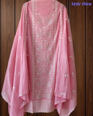 Mul Crush Cotton Lucknowi Embroidery & Cut Dana Work Un-Stitched Suit with Dupatta