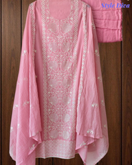Mul Crush Cotton Lucknowi Embroidery & Cut Dana Work Un-Stitched Suit with Dupatta
