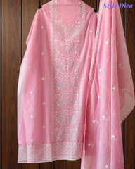 Mul Crush Cotton Lucknowi Embroidery & Cut Dana Work Un-Stitched Suit with Dupatta