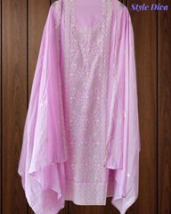 Mul Crush Cotton Lucknowi Embroidery & Cut Dana Work Un-Stitched Suit with Dupatta