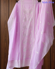 Mul Crush Cotton Lucknowi Embroidery & Cut Dana Work Un-Stitched Suit with Dupatta