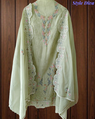 Mul Cotton Parsi Embroidered Un-Stitched Suit Set with Scalloped Embroidered Dupatta