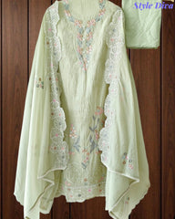 Mul Cotton Parsi Embroidered Un-Stitched Suit Set with Scalloped Embroidered Dupatta