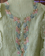 Mul Cotton Parsi Embroidered Un-Stitched Suit Set with Scalloped Embroidered Dupatta