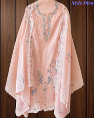 (PEACH COLOR)-Mul Cotton Parsi Embroidered Un-Stitched Suit Set with Scalloped Embroidered Dupatta