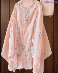 (PEACH COLOR)-Mul Cotton Parsi Embroidered Un-Stitched Suit Set with Scalloped Embroidered Dupatta