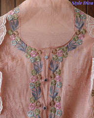 (PEACH COLOR)-Mul Cotton Parsi Embroidered Un-Stitched Suit Set with Scalloped Embroidered Dupatta