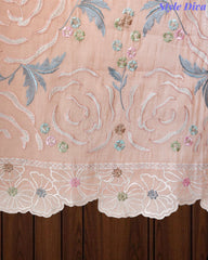 (PEACH COLOR)-Mul Cotton Parsi Embroidered Un-Stitched Suit Set with Scalloped Embroidered Dupatta
