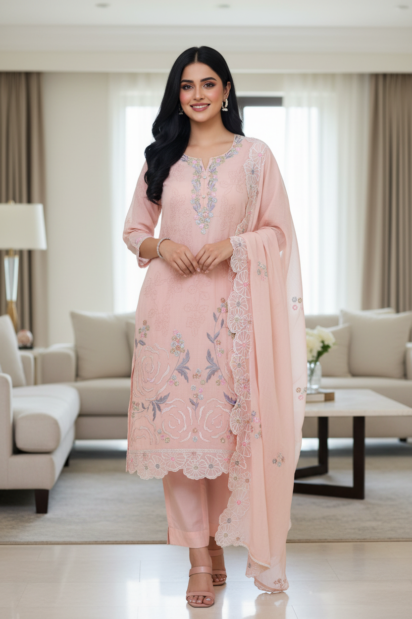 (PEACH COLOR)-Mul Cotton Parsi Embroidered Un-Stitched Suit Set with Scalloped Embroidered Dupatta