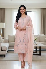 (PEACH COLOR)-Mul Cotton Parsi Embroidered Un-Stitched Suit Set with Scalloped Embroidered Dupatta