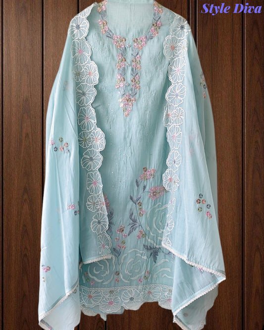 Mul Cotton Parsi Embroidered Un-Stitched Suit Set with Scalloped Embroidered Dupatta