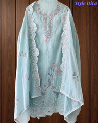 Mul Cotton Parsi Embroidered Un-Stitched Suit Set with Scalloped Embroidered Dupatta