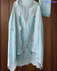 Mul Cotton Parsi Embroidered Un-Stitched Suit Set with Scalloped Embroidered Dupatta