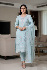 Mul Cotton Parsi Embroidered Un-Stitched Suit Set with Scalloped Embroidered Dupatta